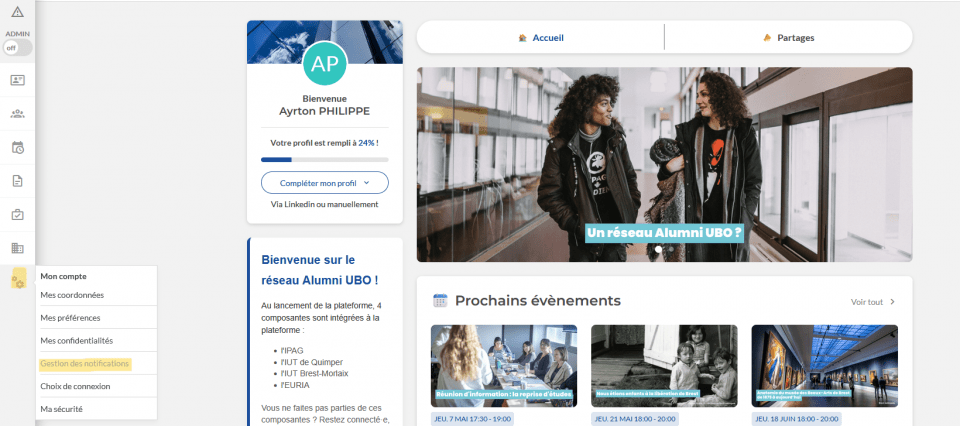 Page d'accueil du site Aumni UBO avec l'onglet param&egrave;tre mis en &eacute;vidence