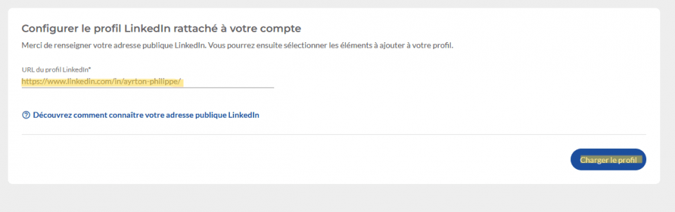 Zone de texte pour mettre le lien de son profil LinkedIn avec bouton charger mon profil