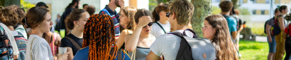 Groupe d'étudiants qui discute au soleil lors d'une journée d'accueil à l'UBO