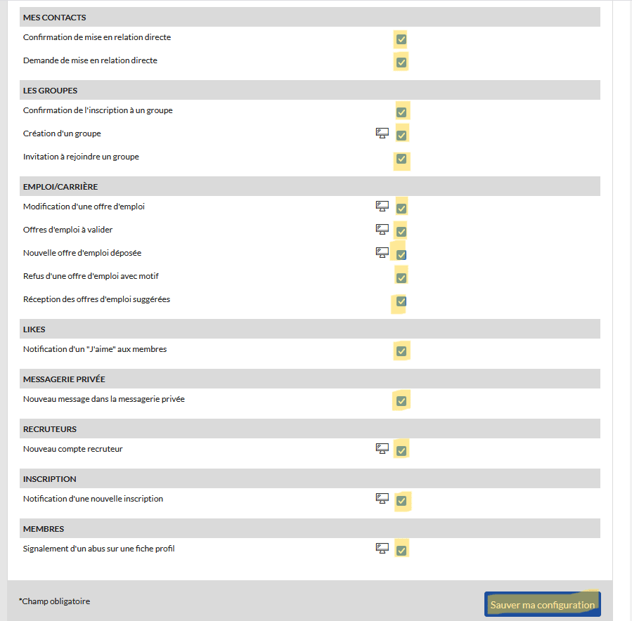 Menu des notifications avec les cases &agrave; cocher et le bouton sauver ma configuration