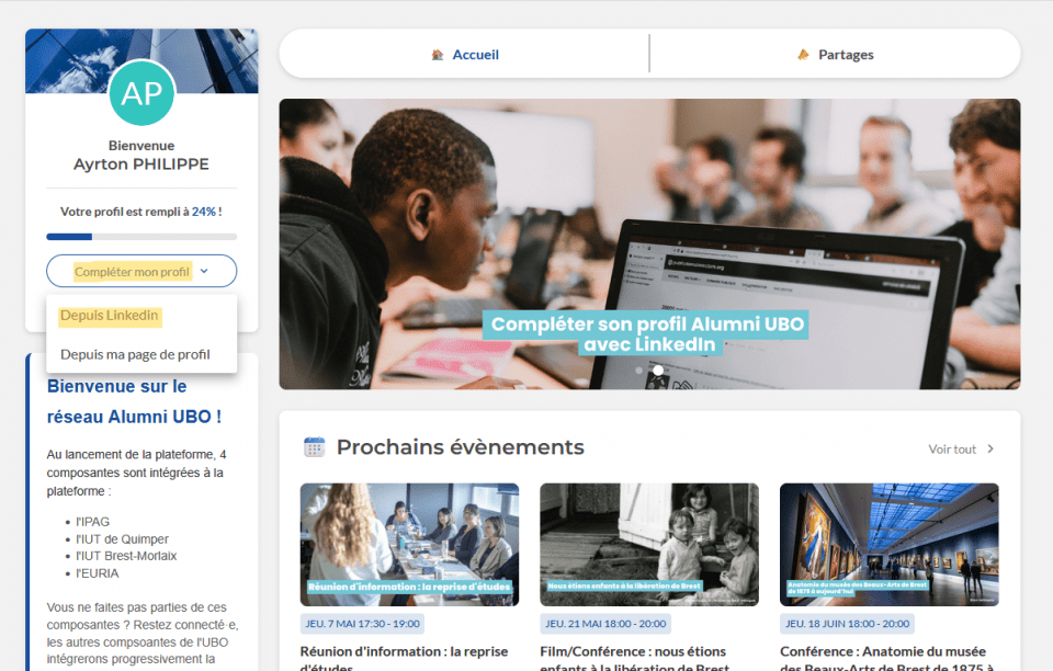 Page d'accueil du site Alumni SML avec la section compl&eacute;ter mon profil mise en avant